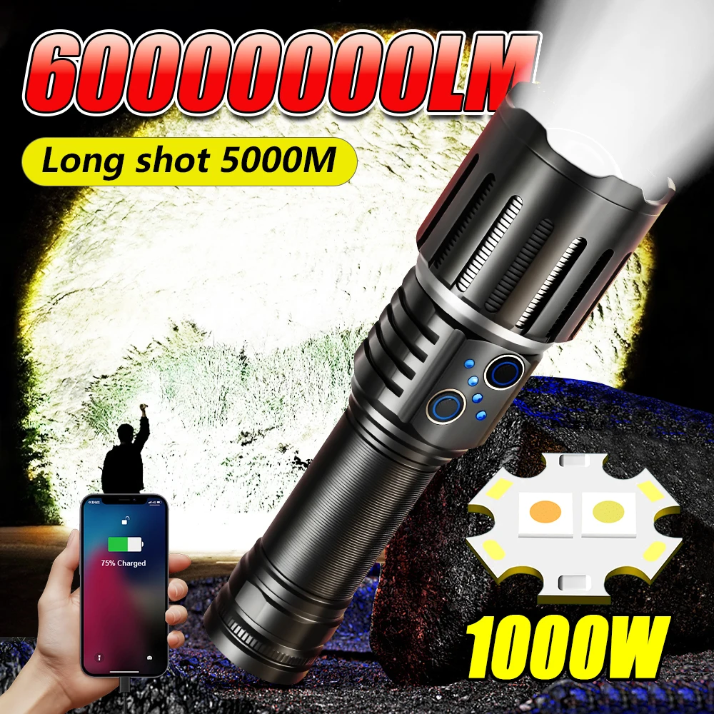 

High Power LED Flashlight 60000000LM Rechargeable Power Bank UV Lamp 5000M Beam Distance for Outdoor Emergency Use Charging Lamp