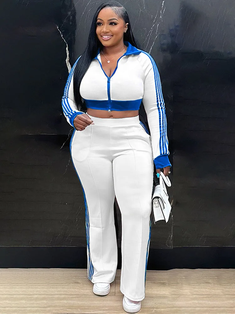 

Doyerl Sporty Casual Tracksuit Woman Two Piece Outfit Striped Long Sleeve Zip Cropped Jacket Top and Sweatpant Set Jogging Femme