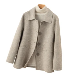 Short Women's 100% Wool Coat Double-Sided Woolen Polo Collar Jacket Spring and Autumn Buckle Coat Loose and Comfortable