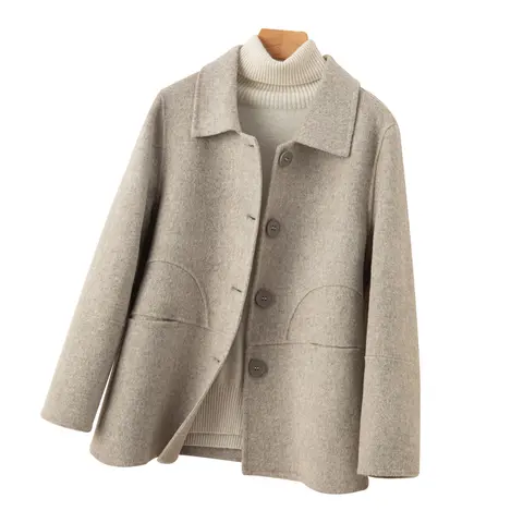 여성용 100% 울 코트, 양면 모직 폴로 칼라 재킷, 용수철 버클 코트, 루즈하고 편안함, 2024 가을