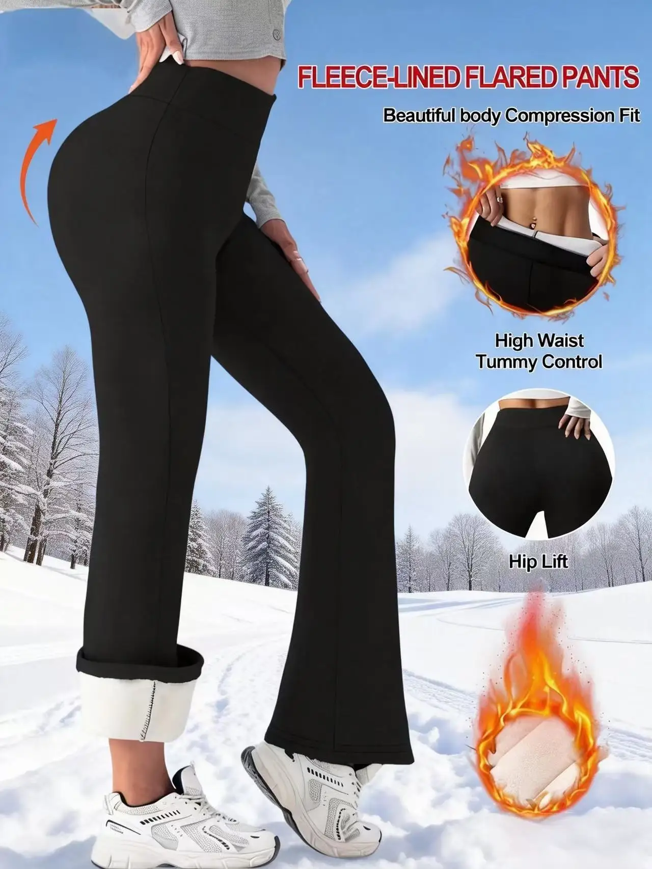 

1 high waist thick warm bell bottoms, comfortable elastic waist leggings, warm and slim, outdoor travel with snow boots