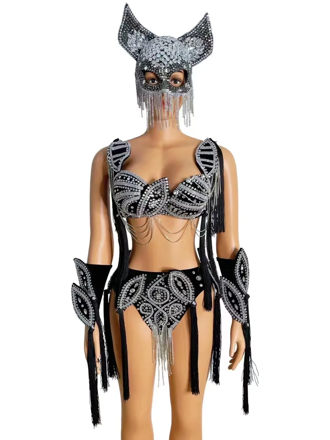 Traje de Bikini de gato negro con tocado de diamantes de imitación para mujer, ropa de fiesta Rave para Halloween, disfraces de Drag Queen