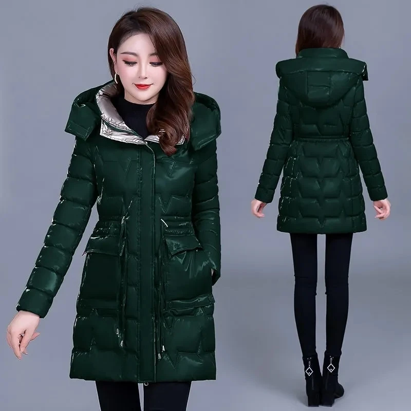 Winter Glossy Snow Jacket Women\'s Down Cotton Slim Hooded Coat Mother Warm Mid Long Overcoat Fashion Female Thicke Parkas Jacket