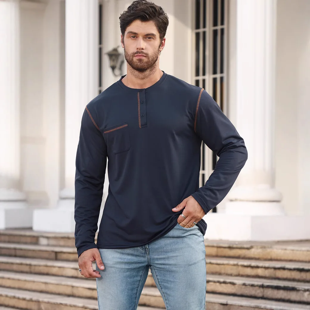 Spring Autumn Men Contrast Edge Henley Tee Stand Collar Pocket Casual Daily Long Sleeve Tops