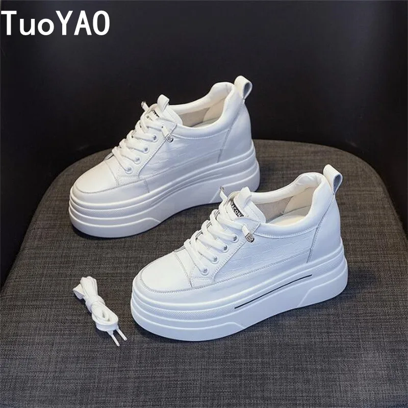 Women Platform 7CM Full Cow Genuine Leather Sneakers Wedge White High Heel Women Casual Shoe Black Chunky Sneakers Spring Autumn