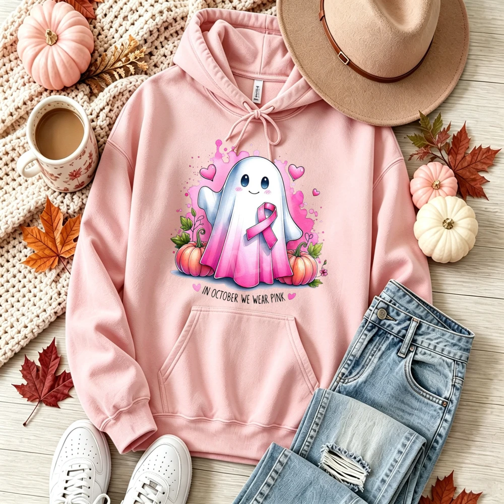 Cute Ghost Pink Ribbon Pumpkin Breast Cancer Awareness Hooded Sweatshirt Halloween Fall Long Sleeve Casual Pullover Support Gift