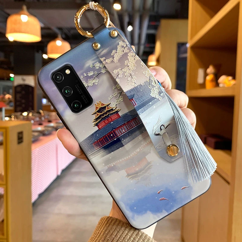 for Huawei P50 P40 P30 P20 Pro Lite Mate 40 30 Honor 50 30i Nova 5T 7i Case Embossed Hand Strap Holder Tassel Soft Cover Funda