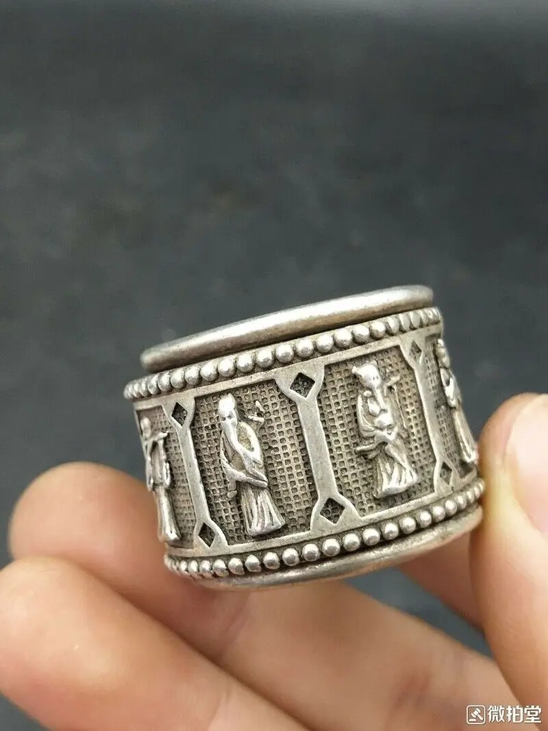 Chinese Old Tibet Silver Handcarved The Eight Immortals Spanner Ring