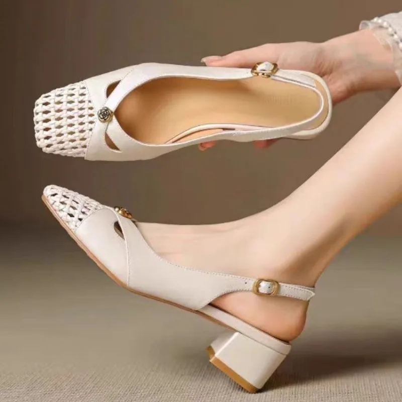 Women's French-style closed-toe sandals, chunky heel, versatile woven shoes, 2026 summer hollow breathable flats view 5