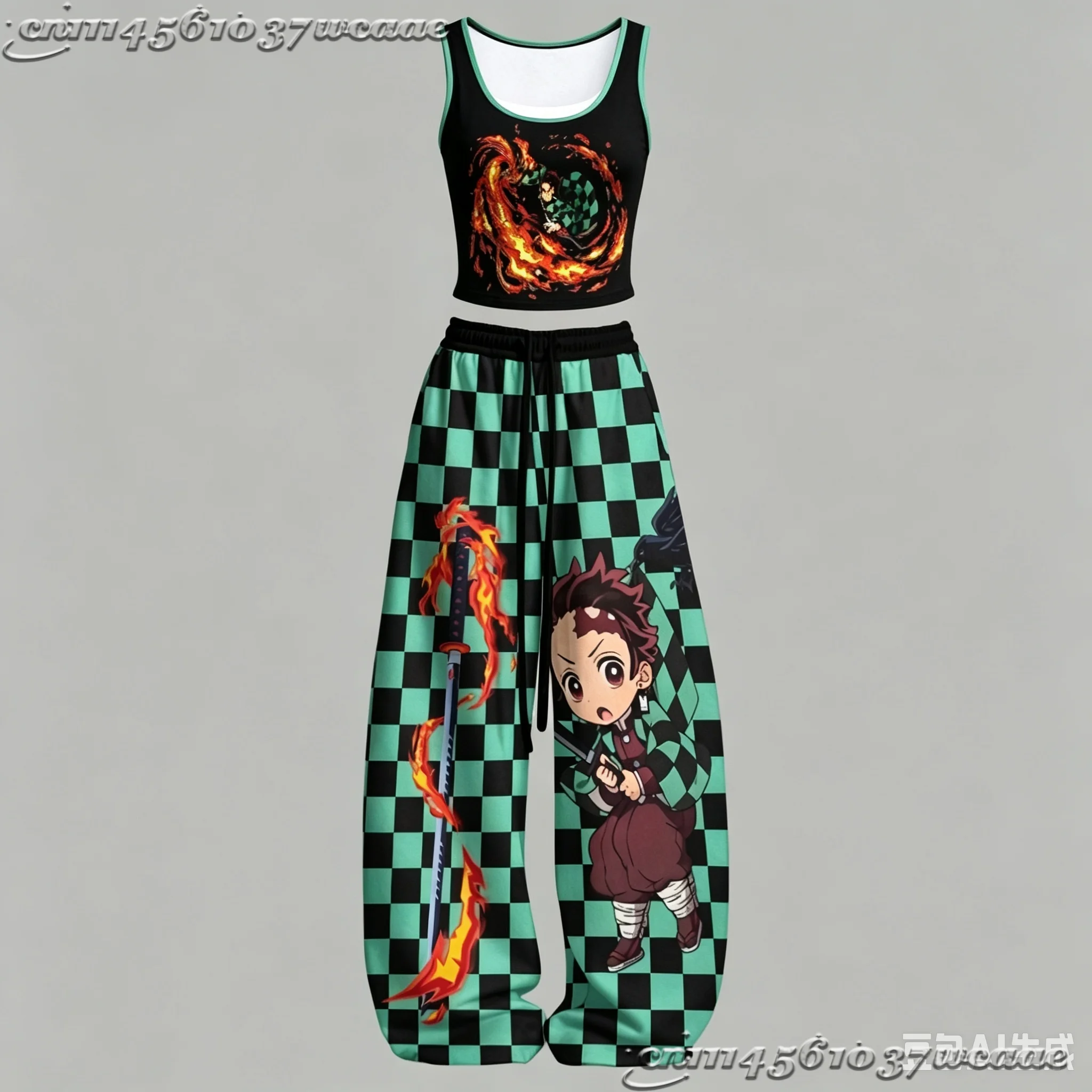 2026 New Universal Tank Top Wide Leg Pants Set Demon Slayer Zenitsu Agatsuma Colorful Anime Print Two Piece Outfit Family Kids