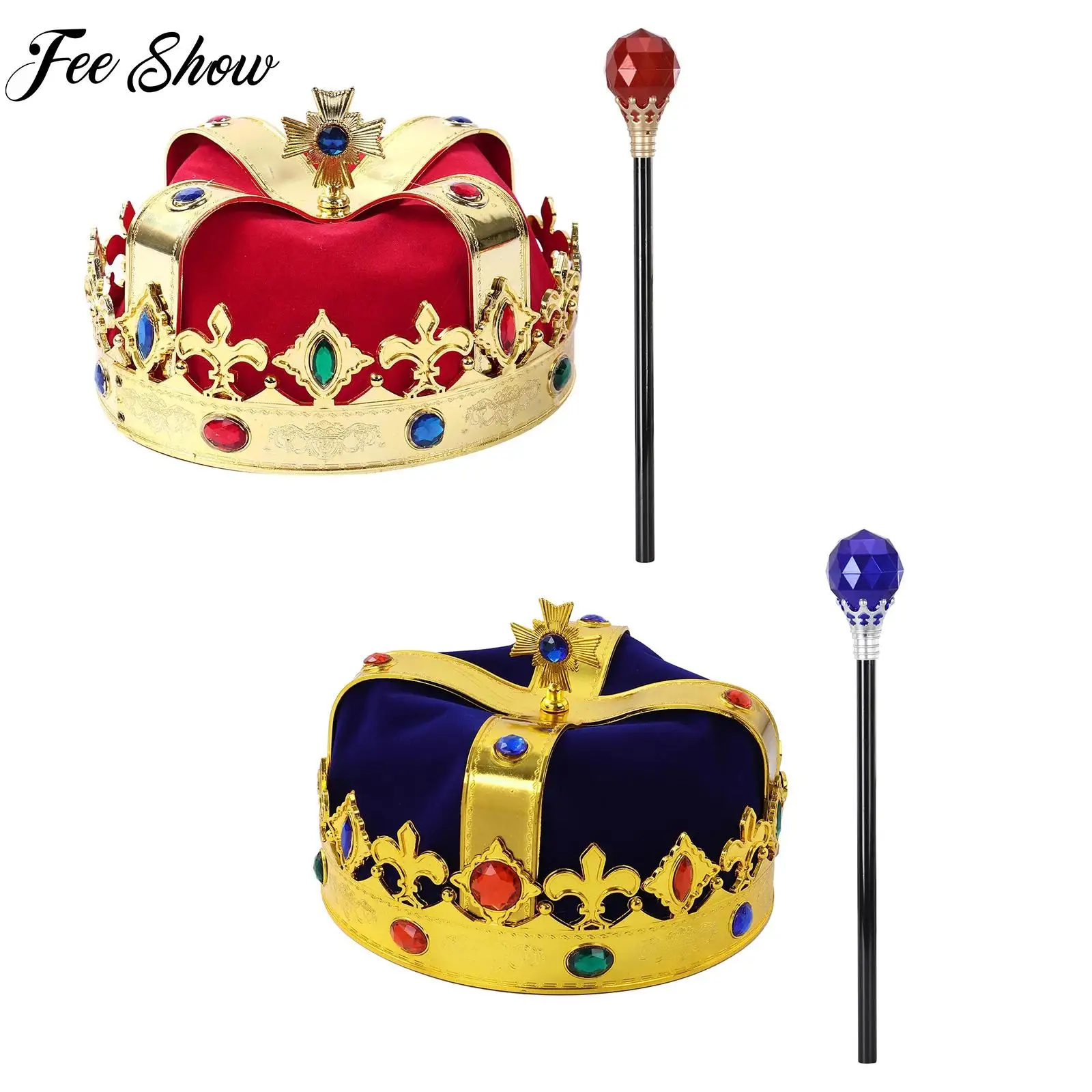 Diamond Plastic Emperor Performance Props King Crown Hat with Wand for Dance Party Halloween Cosplay Funny Dress Up Role Play