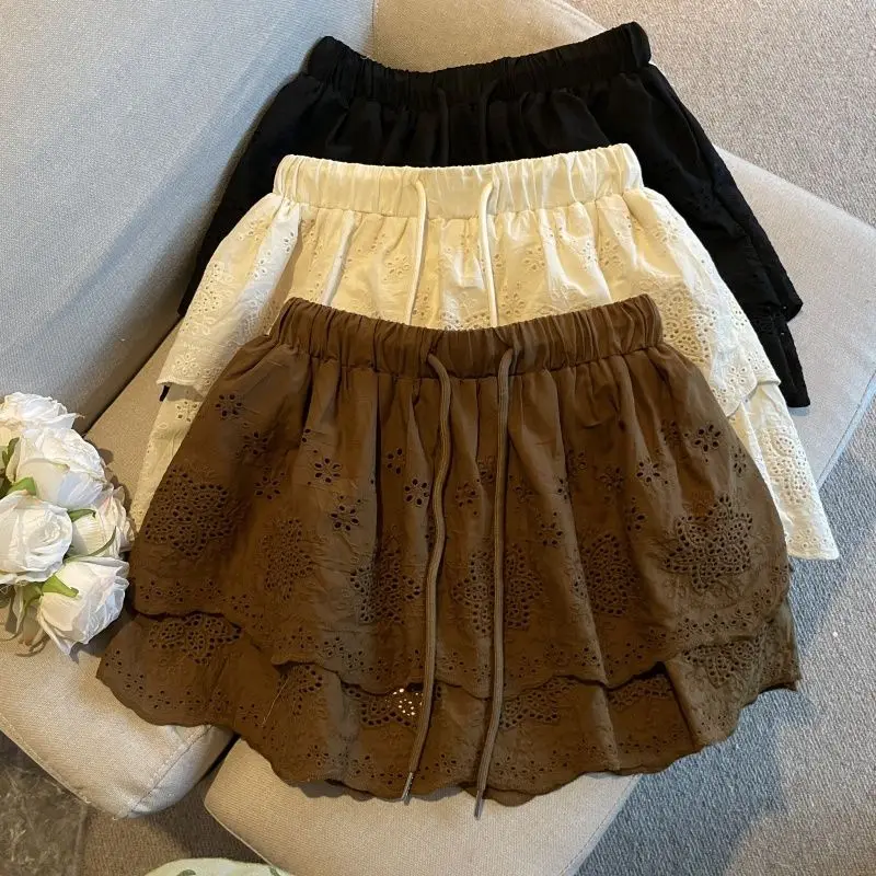 Ballet Style Sweet Hollow Crochet Drawstring Lace Skirt Women's 2026 Fluffy A-word Skirt