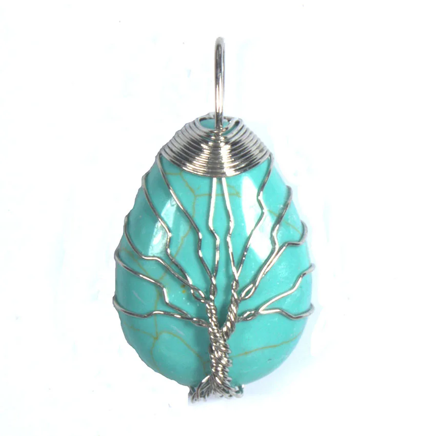 Wire Wrapped Tree of Life Water Drop Natural Purple Amethyst Rose Quartz Healing Crystal Agate Stone Pendant Jewelry For Women