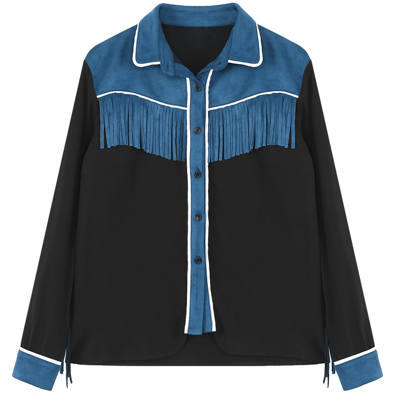 Women's Western Cowgirls Shirts Long Sleeve Buttons Down Fringed Hippie Costume Turn-Down Collar Retro Casual Blouses Shirts