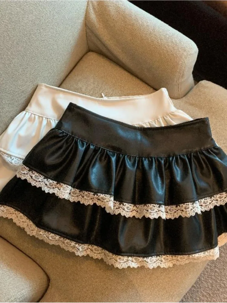 American Style Lace Half Skirt Women's Autumn Chain Beautiful Fluffy Skirt Leather Skirt Sexy A-Line Cake Short Skirt