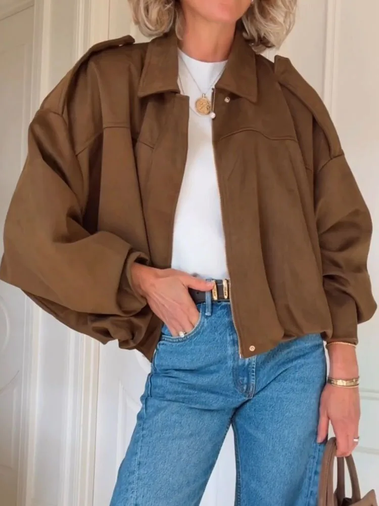 

Fashion Lady Lapel Solid Color Commuting Outerwear 2025 Autumn New Vintage Women's Jacket Suede Zipper Long Sleeved Casual Coat