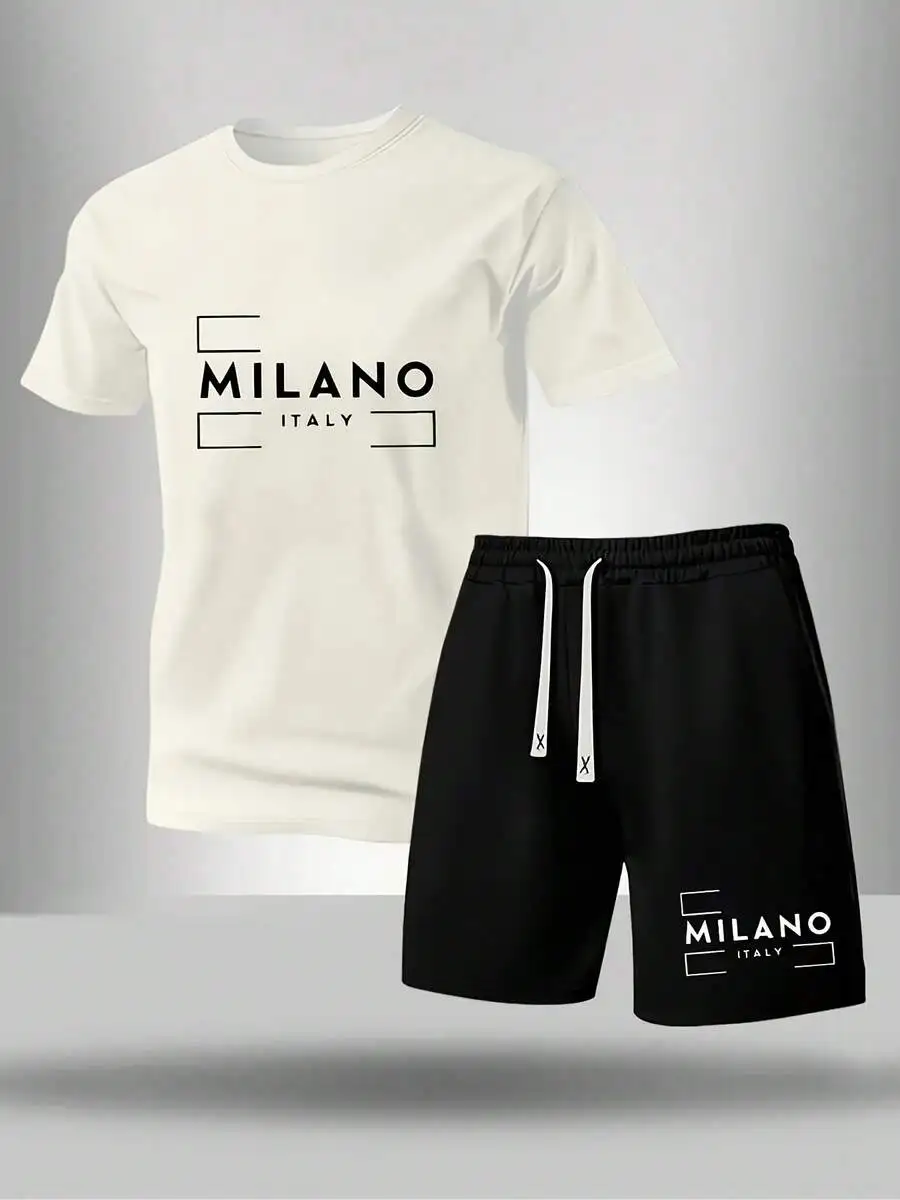 Mens Cotton Polyester Short Sleeve T-Shirt And Drawstring Shorts Set Casual Geometric Print Summer Outfit