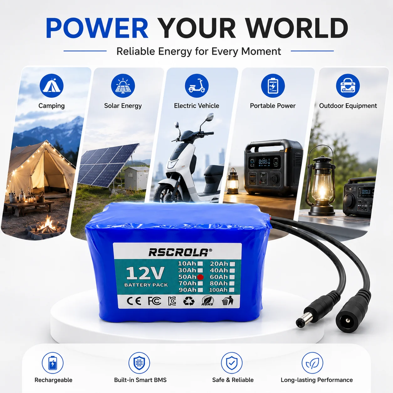 12V 50Ah Rechargeable Li-Ion Battery Pack 18650 Built-in BMS High Capacity Lithium Battery for Solar LED Light DIY Power Supply