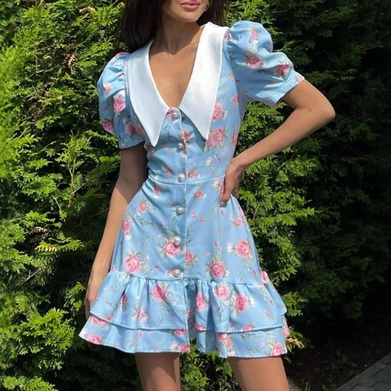 2025 Nuovo elegante manica corta con scollo a V manica a sbuffo vita stretta volant a strati mini abito floreale beachwear festa abito estivo