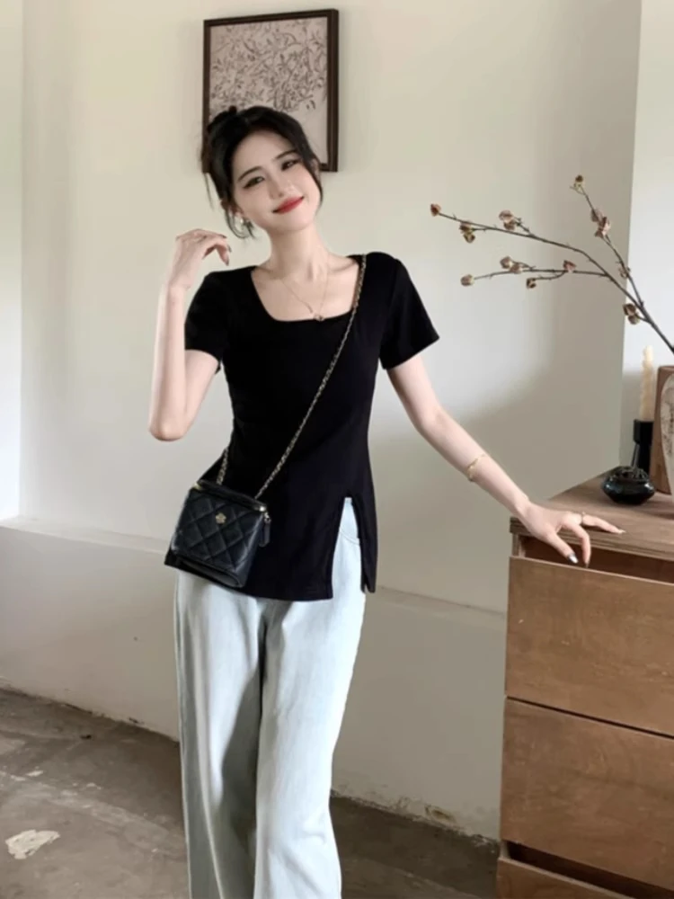 Cseta fena slim fit manga curta com decote em u, moda verão, fenda aberta, doce e picante, top pequ, estilo coreano...