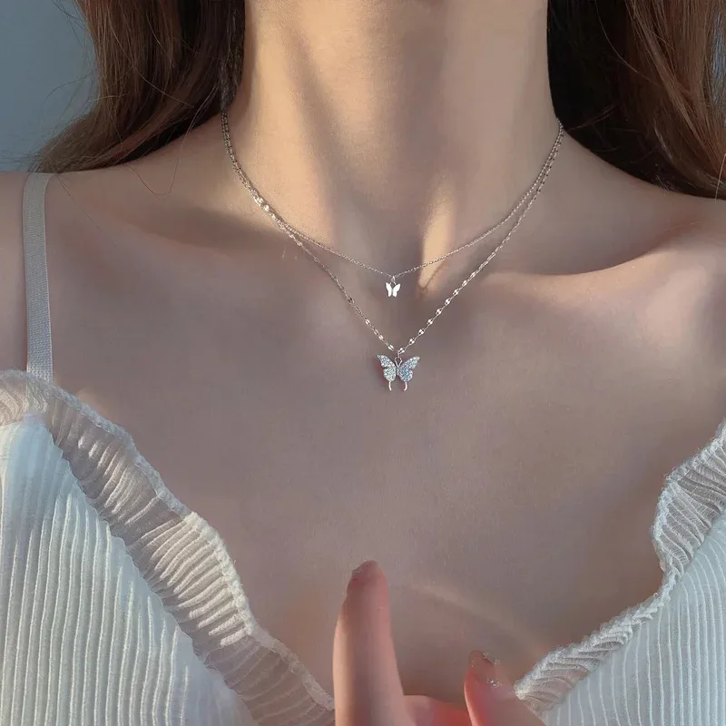 Fashion Shiny Butterfly Necklace For Women Double Layer Pendant Cross Choker Neck Chain Light Luxury Clavicle Chain Jewelry