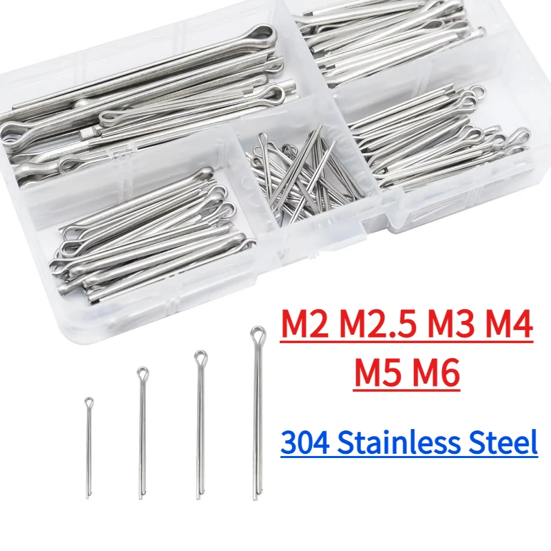 1Box 304 Stainless Steel Cotter Pin Kit Split Pin Assortment Whistle U Pin Fixings Assorted Sizes M2 M2.5 M3 M4 M5 M6