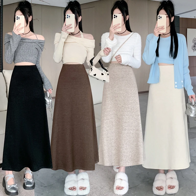 

Winter Women Long Woolen Skirt Fashion High Waist Basic Wool Skirt Female Autumn Casual Warm Black Elastic A-line Maxi Skirts
