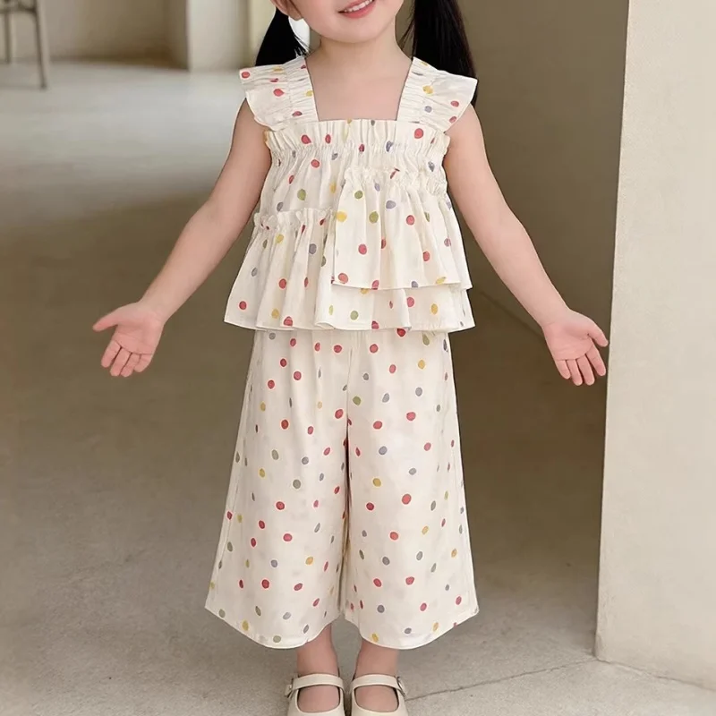 2-teiliges Set: Neckholder-Top und Weite Hose, Sommer-Flügelärmel-Set für Kinder, Träger-Top mit Spitze für Mädchen, Mittelgroßes Kinder-Spitzen-Set