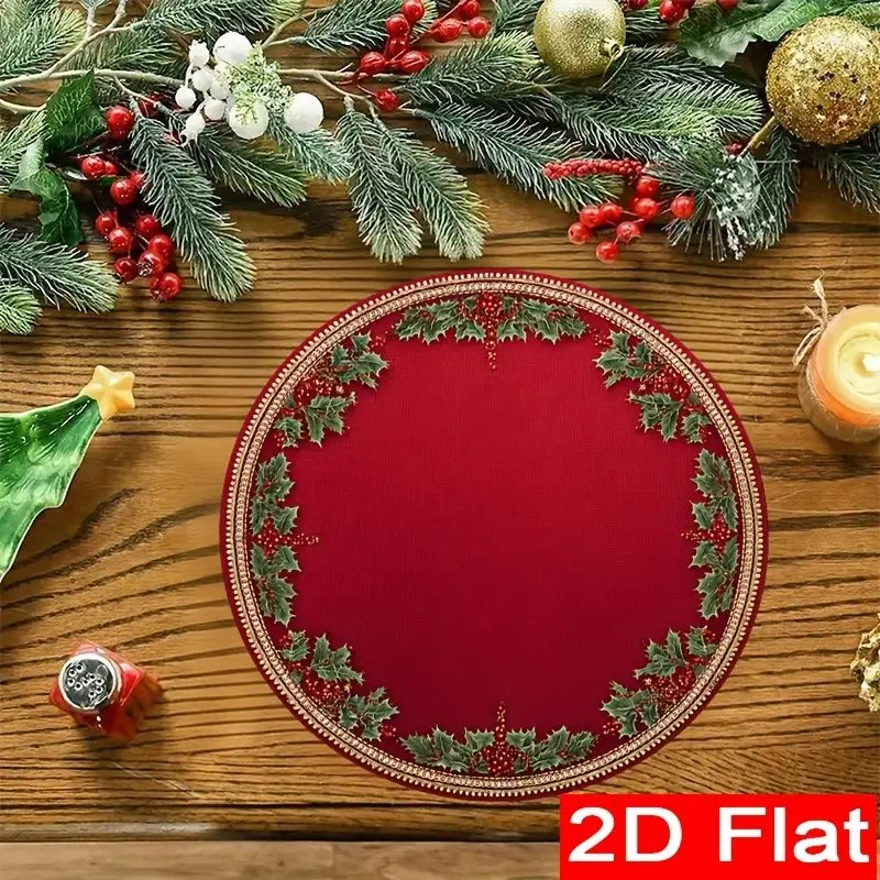 VIKAMA Christmas Placemat Red Holly Gold Edge Placemats Set Linen Table Mat Dining Kitchen Holiday Party Decor