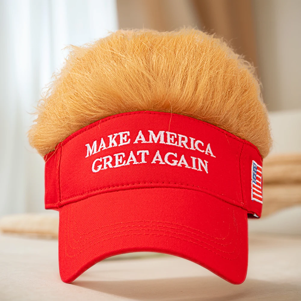 Make America Great Again 2024 Election Yellow Hair Wig Cap Trump Hip Hop Baseball Fashion Funny Embroidered Hat with Wide Brim