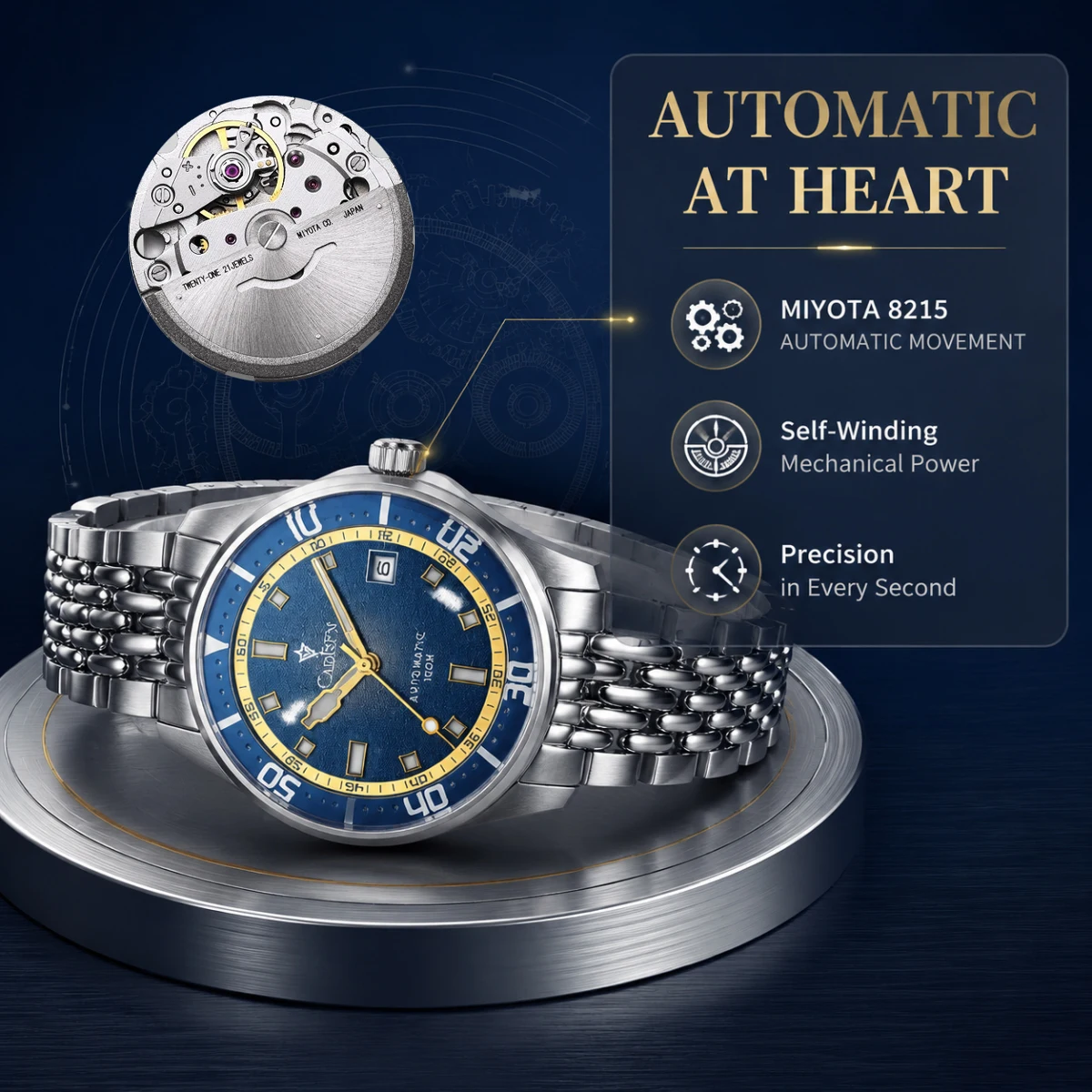 CADISEN Automatic Mechanical Watch Man Silver Business Casual 100M Waterproof Watch Japan MIYOTA 8215 Movement Domed Glass Watch
