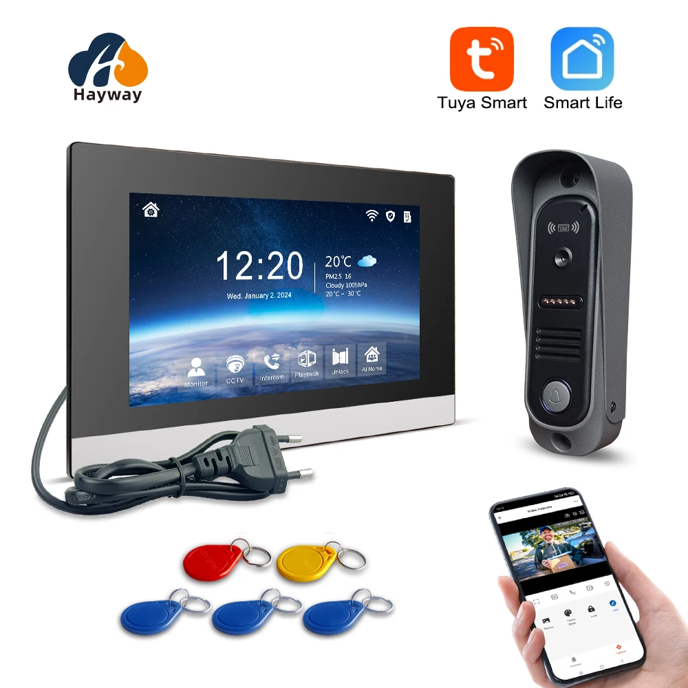 Hayway Tuya Wifi Video Intercom 1080P جرس الباب 7 بوصة IPS شاشة لمس كاملة مع معرف كشف الهاتف المحمول التحكم في الوصول فتح