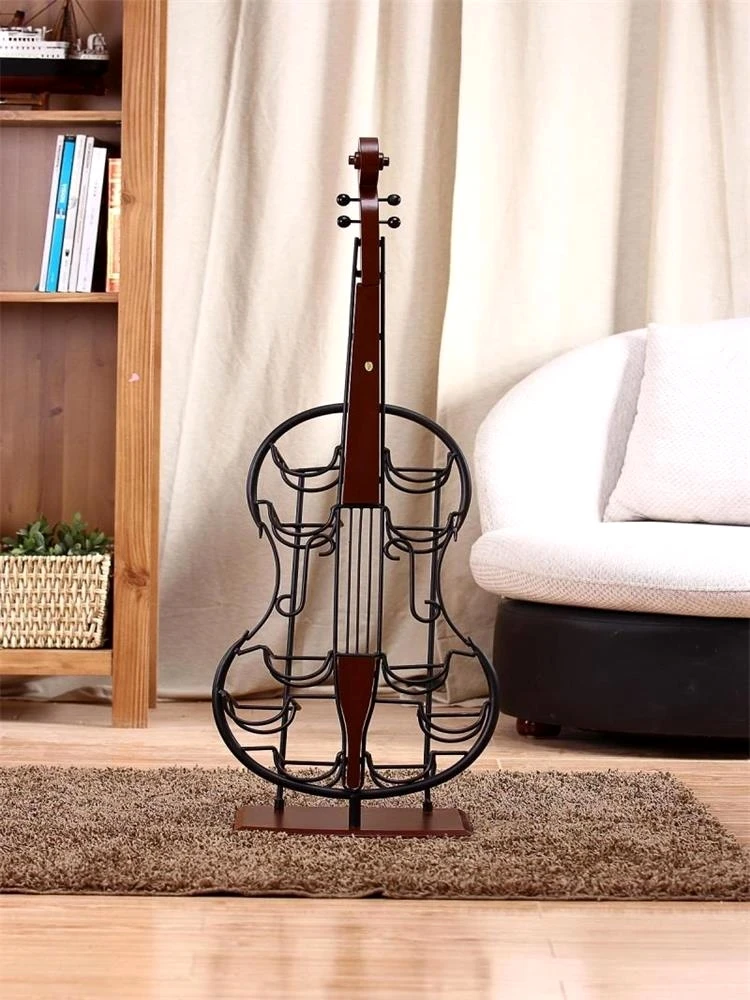 Iron Art Cello Model Wine Bottle Holder Decorative Wood Storage Rack Kitchen Barware Handcraft Ornament Furnishing