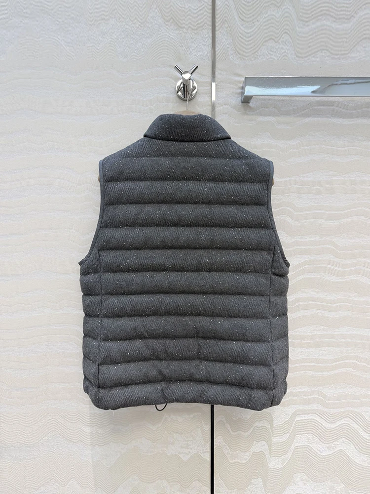 Autumn Fashion Dark Grey Simplicity Casual Down Waistcoat Women's Stand Collar Zipper Sleeveless Sequins Versatile Warm Jacket