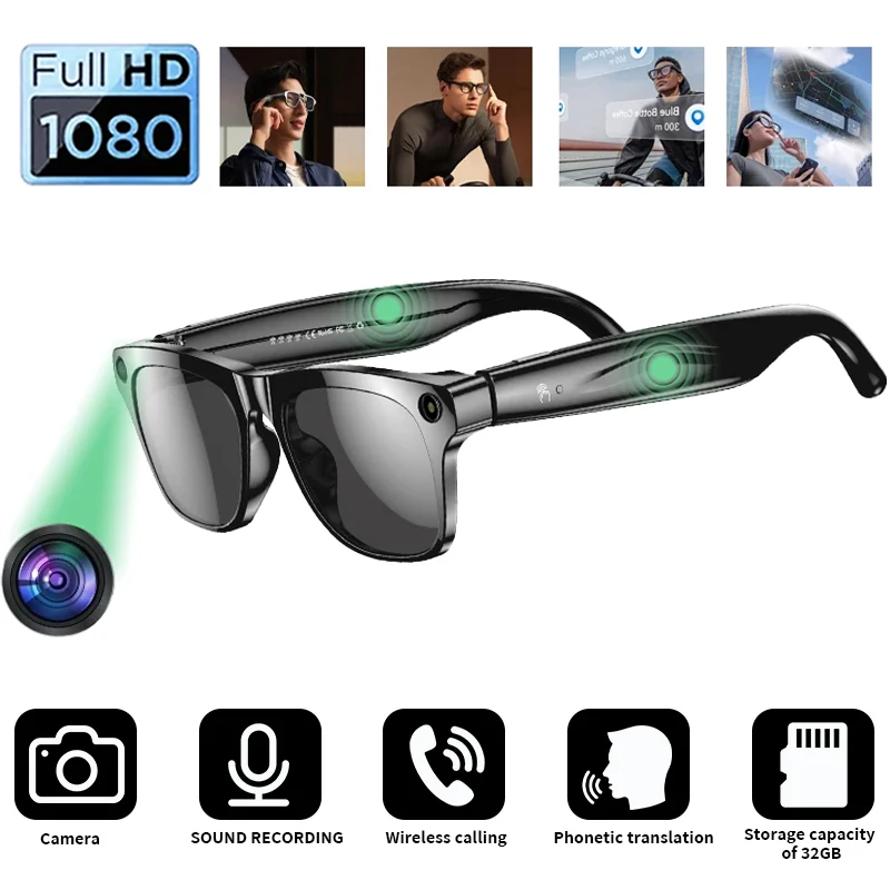 Fotocamera per occhiali intelligenti AI ad alta definizione Chiamata Bluetooth Assistente vocale Batteria da 260 mAh per traduzione e ascoltare musica