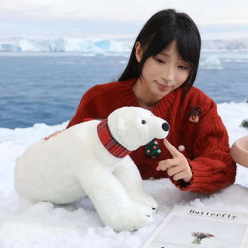 Grand ours polaire avec écharpe de neige, Animal d'hiver, peluche chaude en fourrure de lapin, poupée en peluche, ornement de maison, nouvelle collection