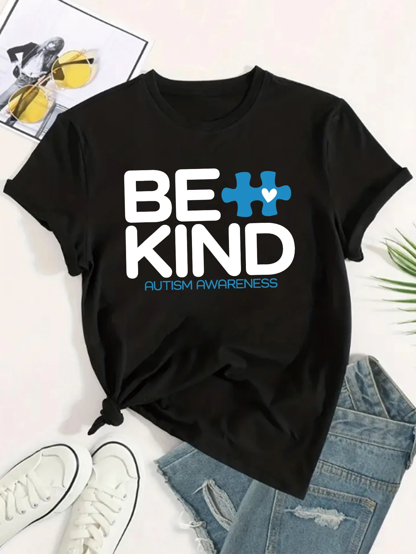 

Женская футболка в стиле ретро, с надписью «BE KIND», с изображением аутизма, Модный повседневный летний топ в стиле Харадзюку, 2024