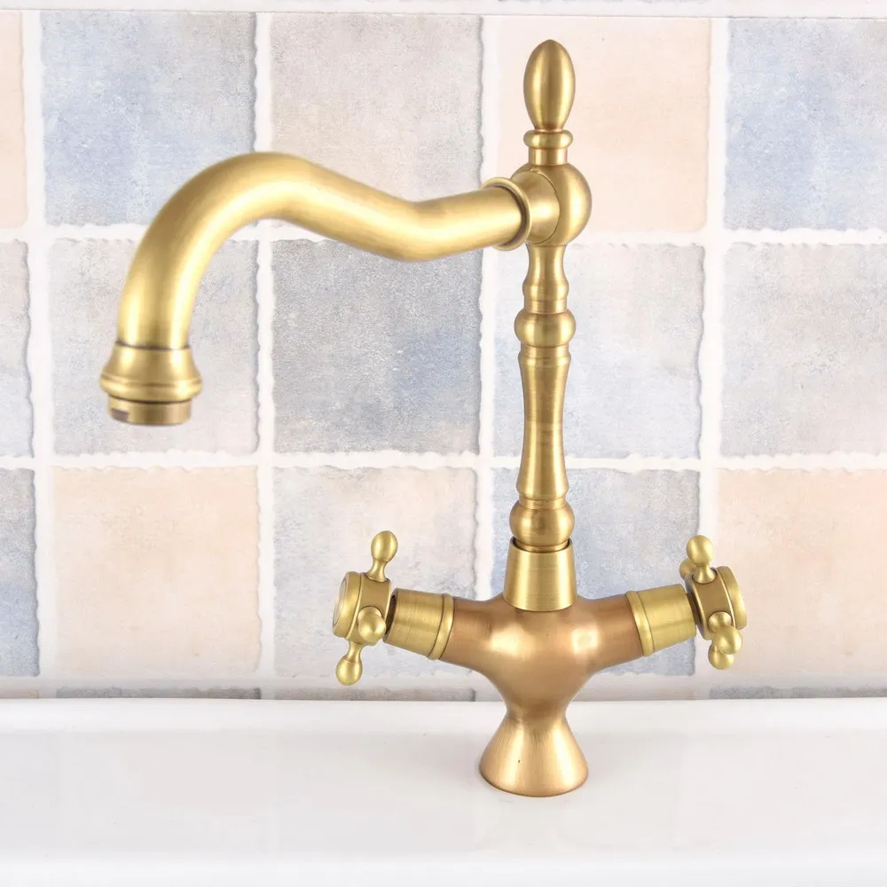 Antique Brass Kitchen Wet Bar Bathroom Vessel Sink Faucet Swivel Spout Mixer Tap Single Hole Two Handles man311