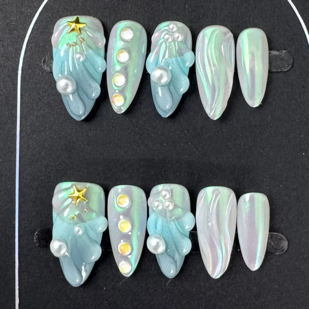 10st Amandel Handgemaakte Nepnagels Sets Zomer Strass Parel Gradiënt Roze Valse Nagelkunst Wearable Druk op Nagels Tips Manicure