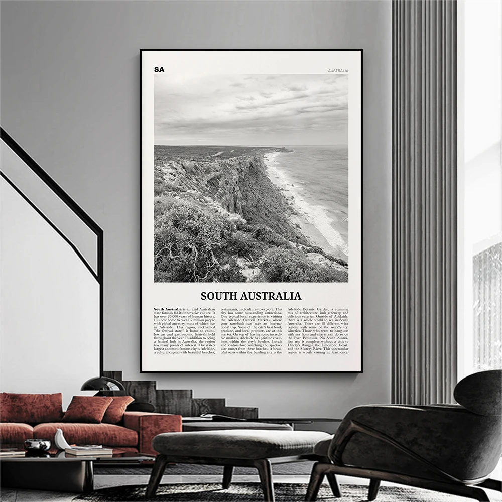 Black White Travel Poster South Australia Print ustralia Landscape Coordinates Canvas Painting Vintage Reading Room Decoration