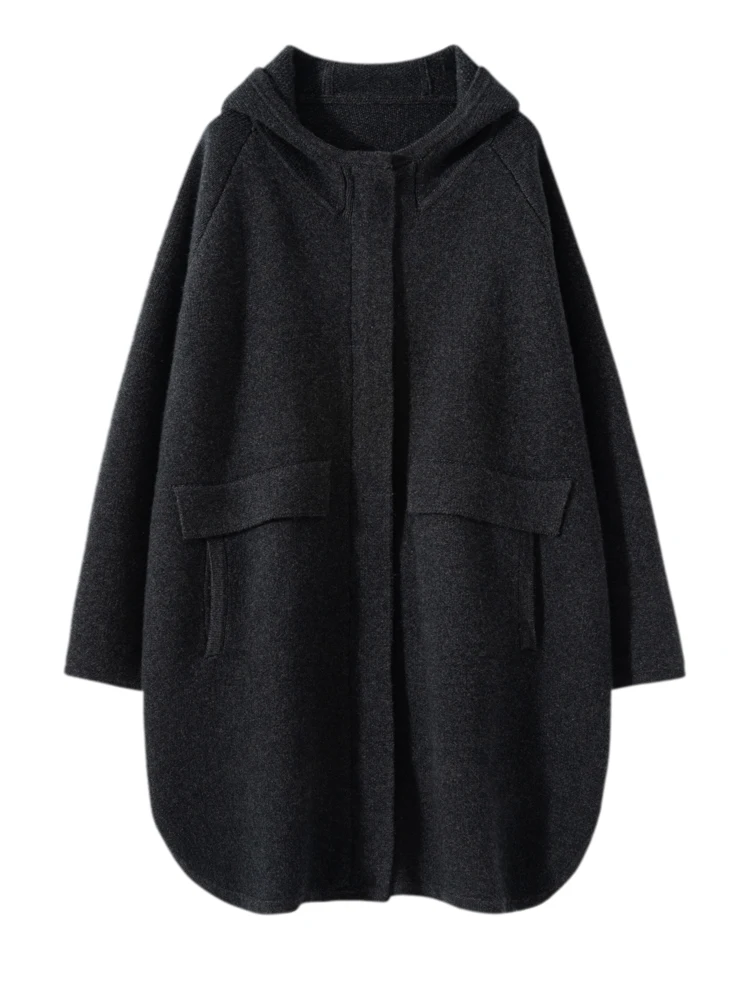 Luxury Women 100% Cashmere Hoodie Long Sweater Coat Loose With Pocket Cashmere Overcoat Autumn Winter Thick Knit Zipper Cardigan