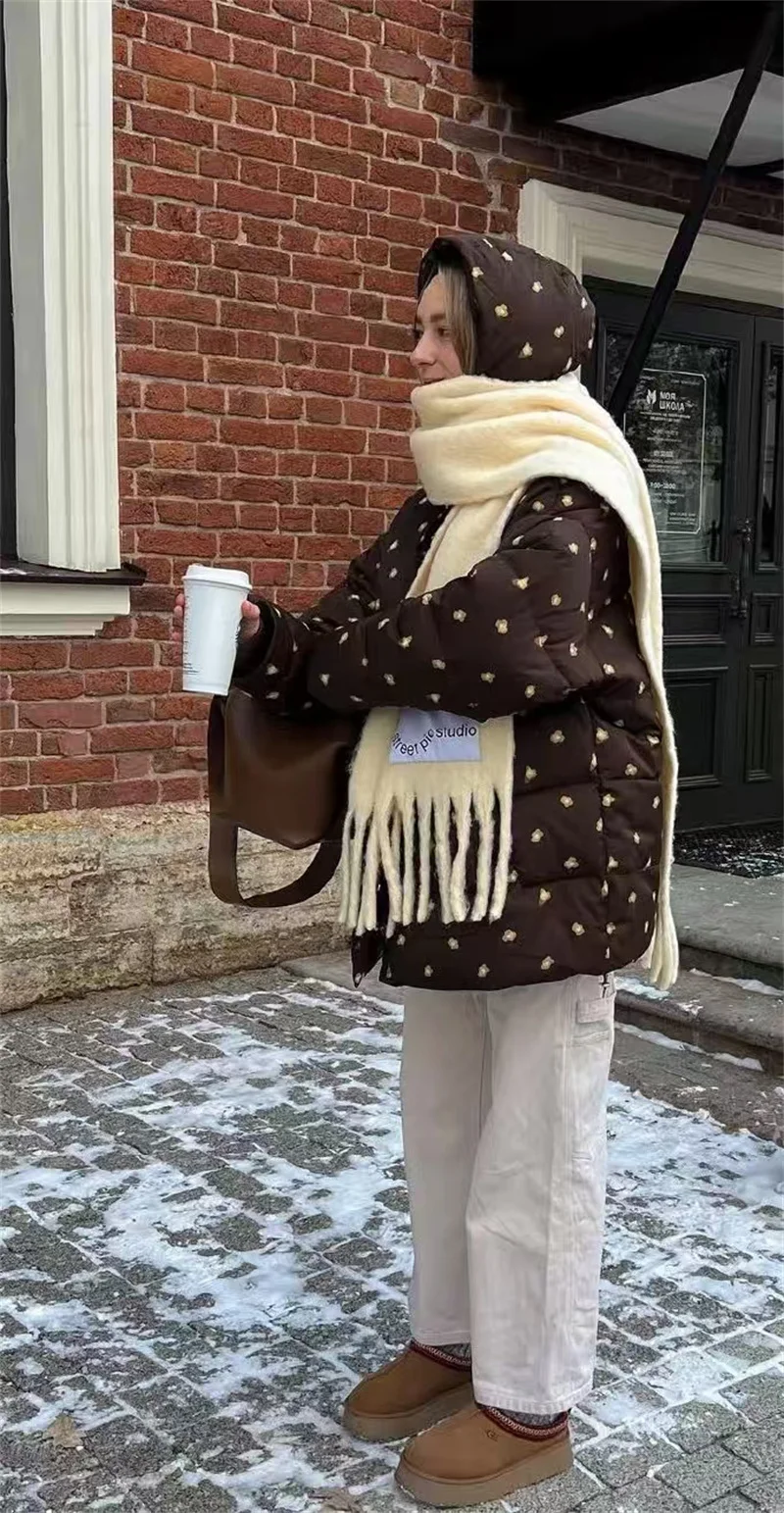 سترة نسائية جديدة بغطاء للرأس سترة قطنية مطبوعة بلون القهوة للخريف والشتاء معطف دافئ مقاوم للرياح في الهواء الطلق #2