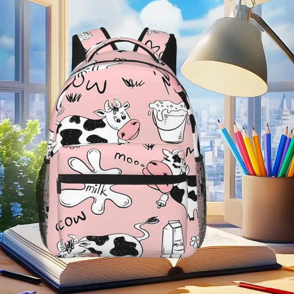 

Pink Cow And Milk Pattern Backpack Student Boys Girls BookBag Kids School Bag Computer Shoulder Bags for Men Women