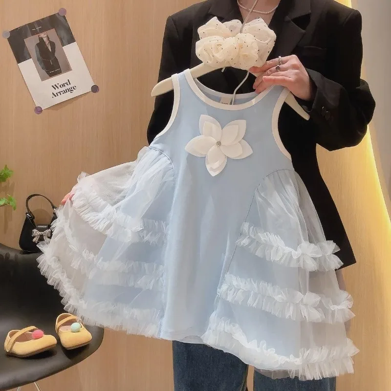 2026 Girls Sweet Dress Summer New Item Three Dimensional Flower Mesh Splicing Childrens Western Style Princess Vest Skirt