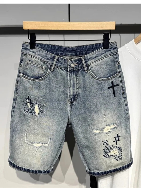 

Мужские летние повседневные джинсы-брюки из денима с вышивкой и рваными элементами, свободного кроя, высококачественные, длиной до колена