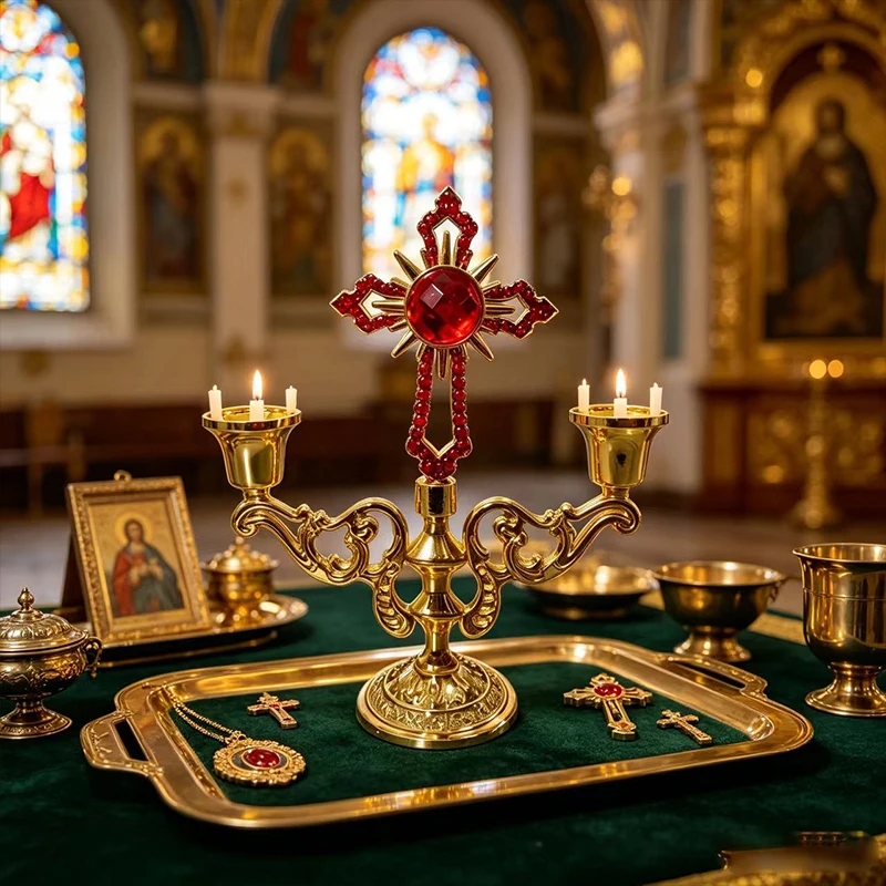 Luxuriöser, vergoldeter orthodoxer Dreiflammiger Kreuzleuchter mit großem farbigem Kristall-Edelstein, floral geschnitztem, hohlem Sockel für den Kathedralenaltar. – Detail 4