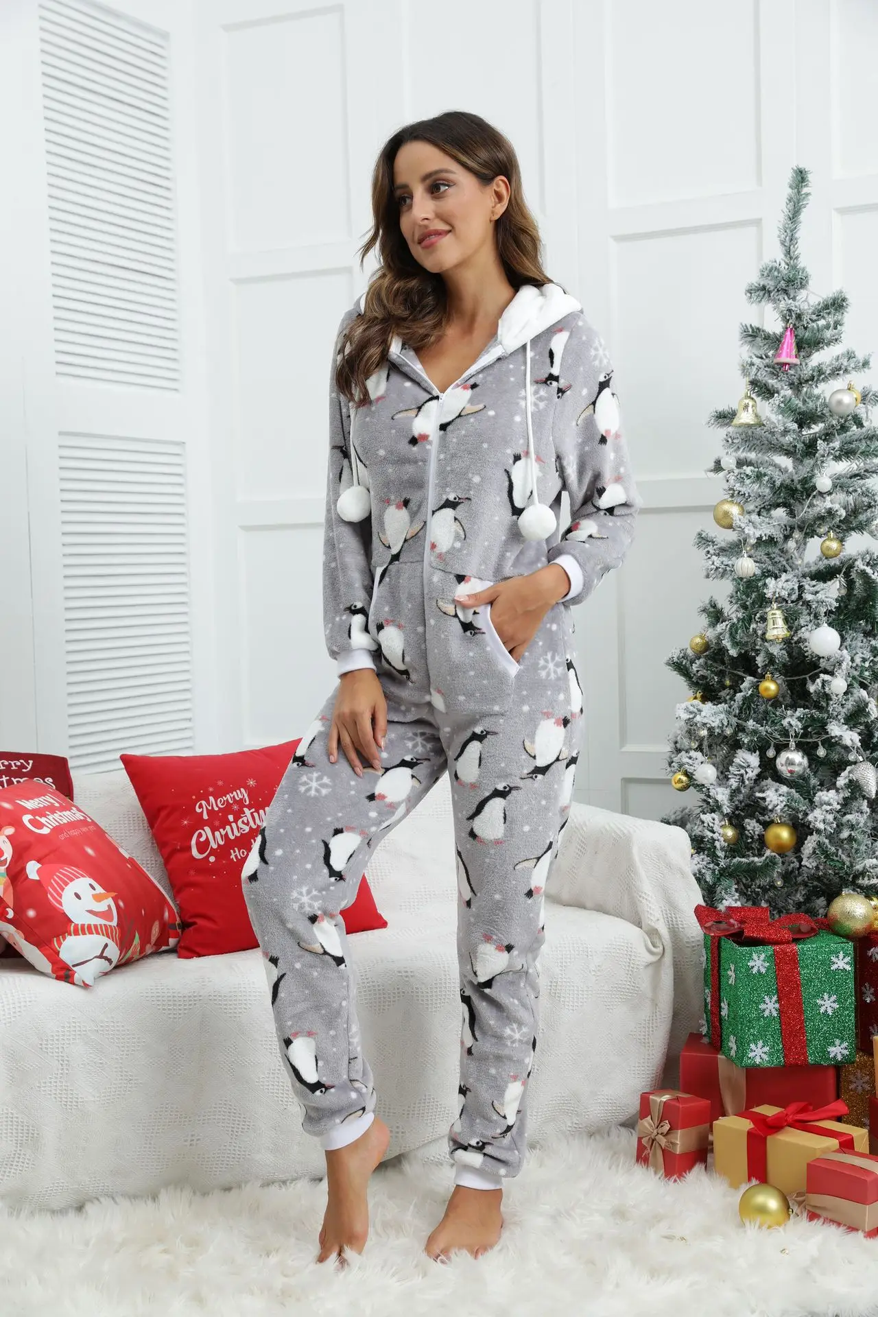 2022 Women Grey Flannel Penguin Print Pajamas Costumes Winter Adults Hooded Onesies Jumpsuits