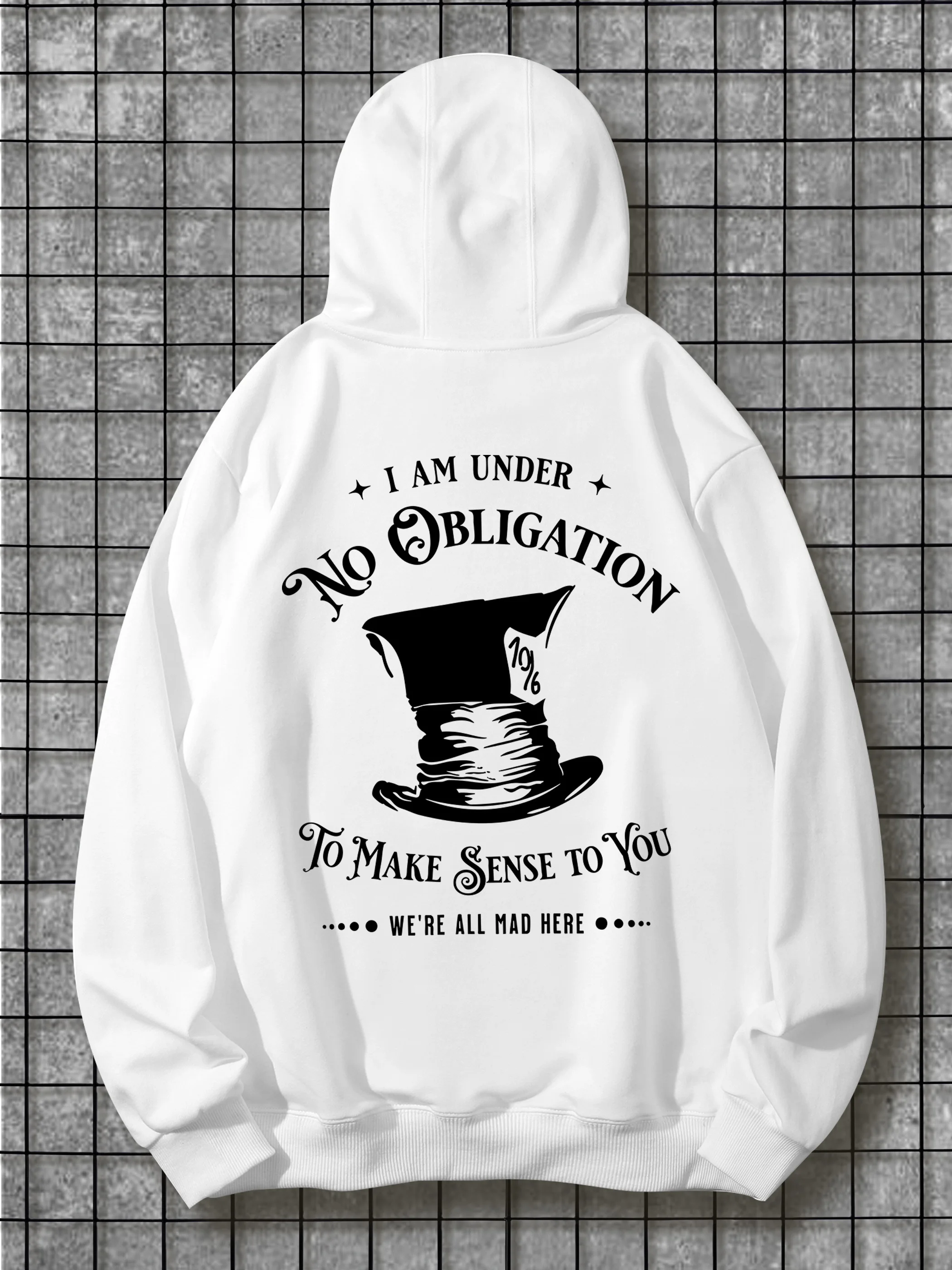 

We're All Mad Here Cotton Hoodie - Long Sleeve, Knit Fabric, Relaxed Fit, Full Size, Fashionable Graphic Print