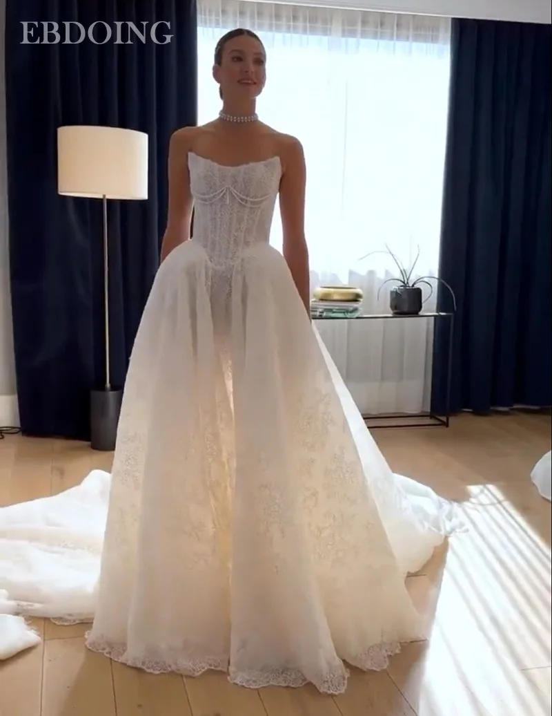 

EBDOING New Arrive Wedding Dress A-line Lace Boat Neck Sleeveless Customized Bride Gowns Vestidos De Novias