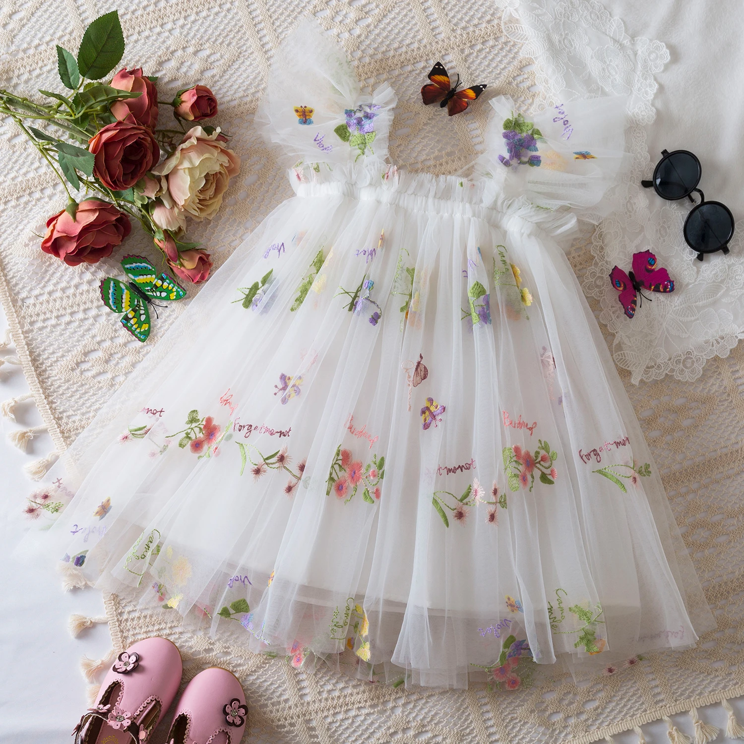 Baby Girl Party Dress Princess Birthday Clothes Back Bow Wing Floral Embroidery Strap Tulle Dress Mesh Baby Girl\'s Dress 1-5Year